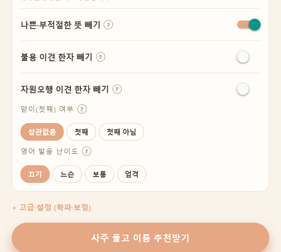 이름 필터 카드 아래쪽 — 나쁜 뜻·불용 이견·자원오행 이견 한자 빼기, 맏이 여부, 영어 발음 난이도